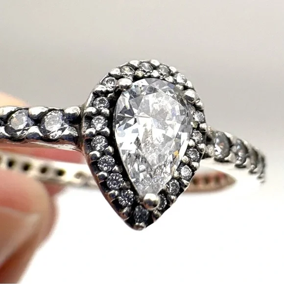 Pandora Sterling Silver Classic Teardrop Pear Halo Ring Size 9 - Picture 3 of 5